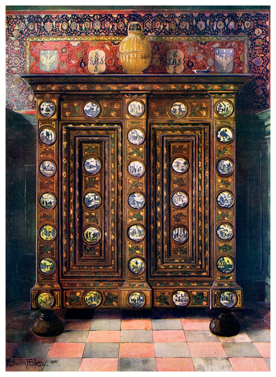 Valnöt kas inlagd och med målade medaljonger av Delft ware, 1910. av Edwin Foley