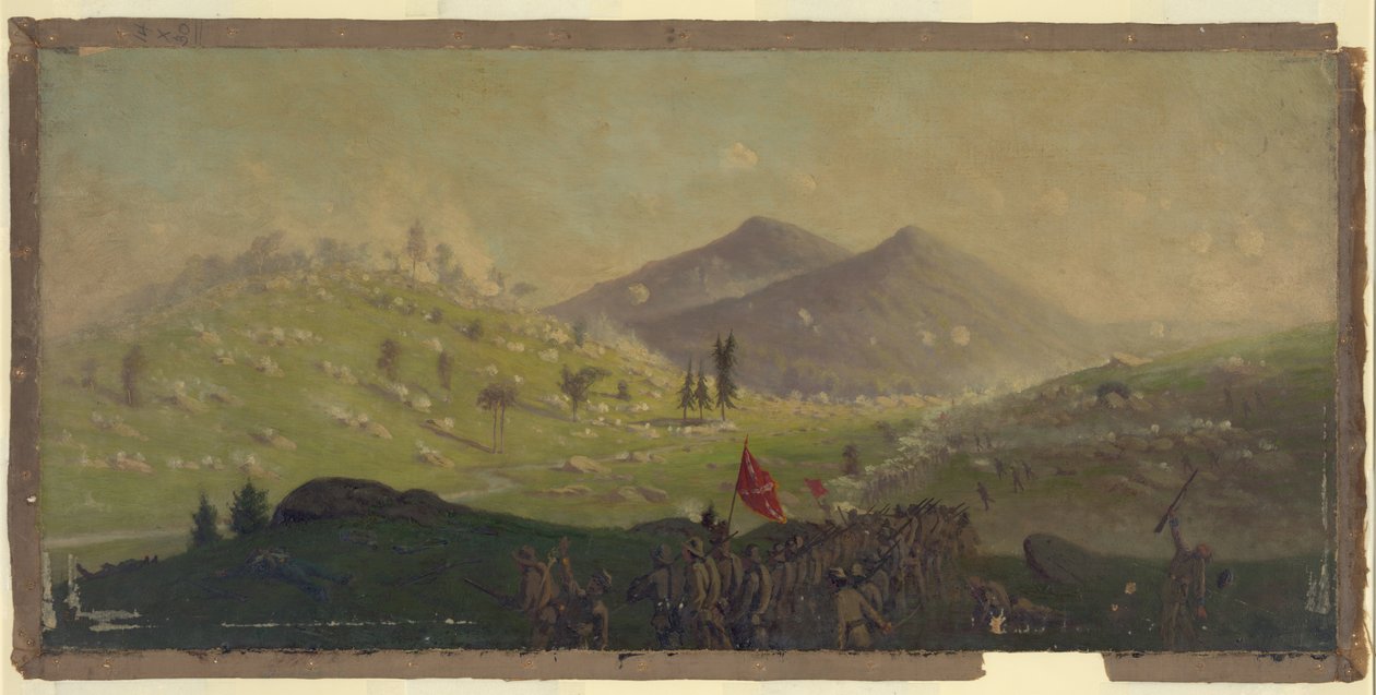 Attack på Little Round Top som hålls av 5:e kåren under befäl av general Sykes av Edwin Forbes