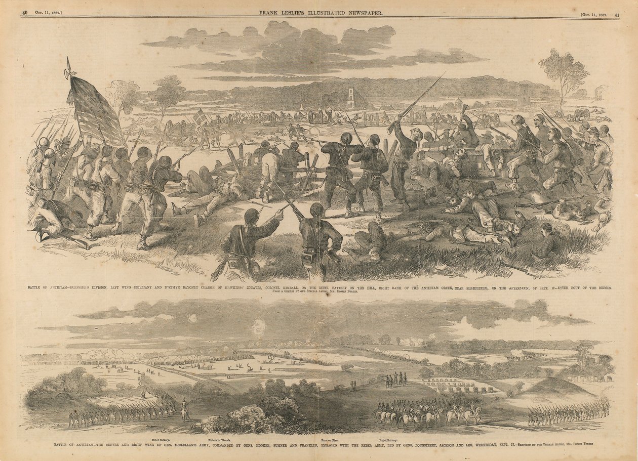 Slaget vid Antietam--Burnsides division, vänstra flygeln--Brilliant och avgörande, bajonettanfall av Hawkins zouaver, överste Kimball, mot rebellbatteriet på kullen, högra stranden av Antietam Creek, nära Sharpsburg, på eftermiddagen den 17 september--Utte av Edwin Forbes