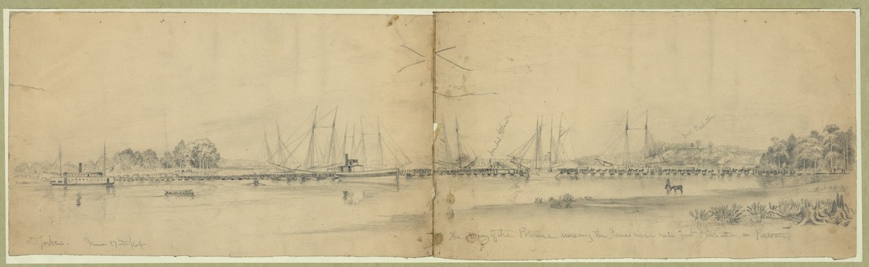 Armén på Potomac som korsar James River nära Fort Pow Manhattan på pontoner av Edwin Forbes