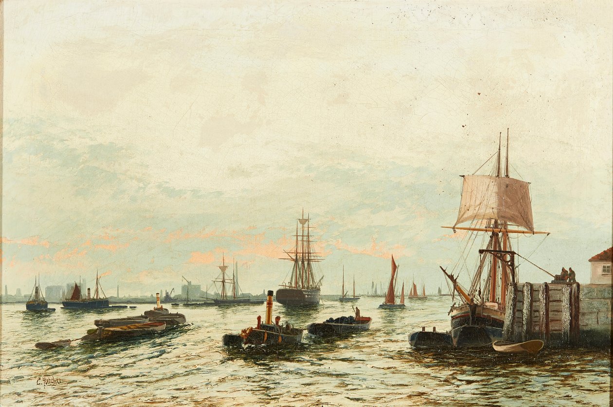 Pråmar på Themsen (olja på duk) av Edwin Henry Eugene Fletcher