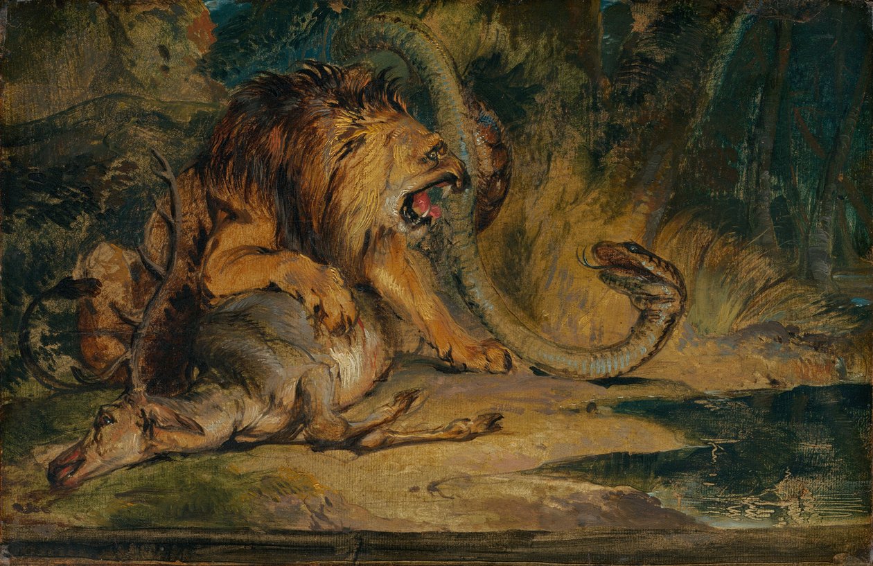 Lejon som försvarar sitt byte, c. 1840. av Edwin Henry Landseer