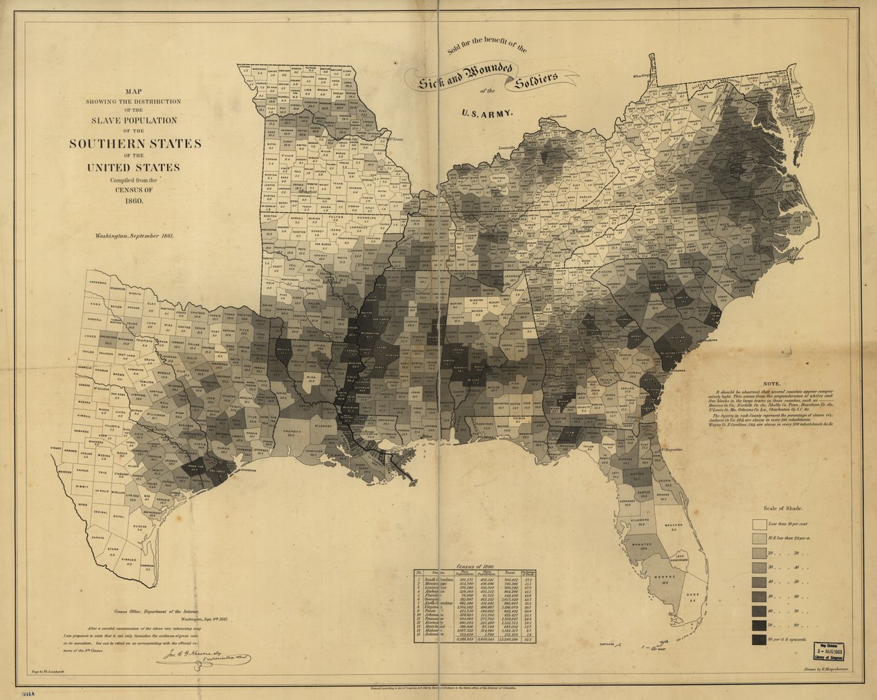 Karta som visar fördelningen av slavbefolkningen i USA:s södra stater, sammanställd från folkräkningen 1860 av Edwin Hergesheimer