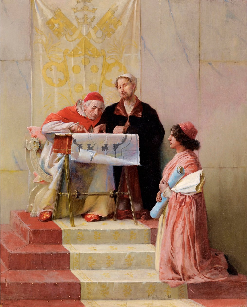 ""Påven Julius II tittar på de arkitektoniska planerna för Bramante (1444-1514) för Peterskyrkan av Edwin Howland Blashfield