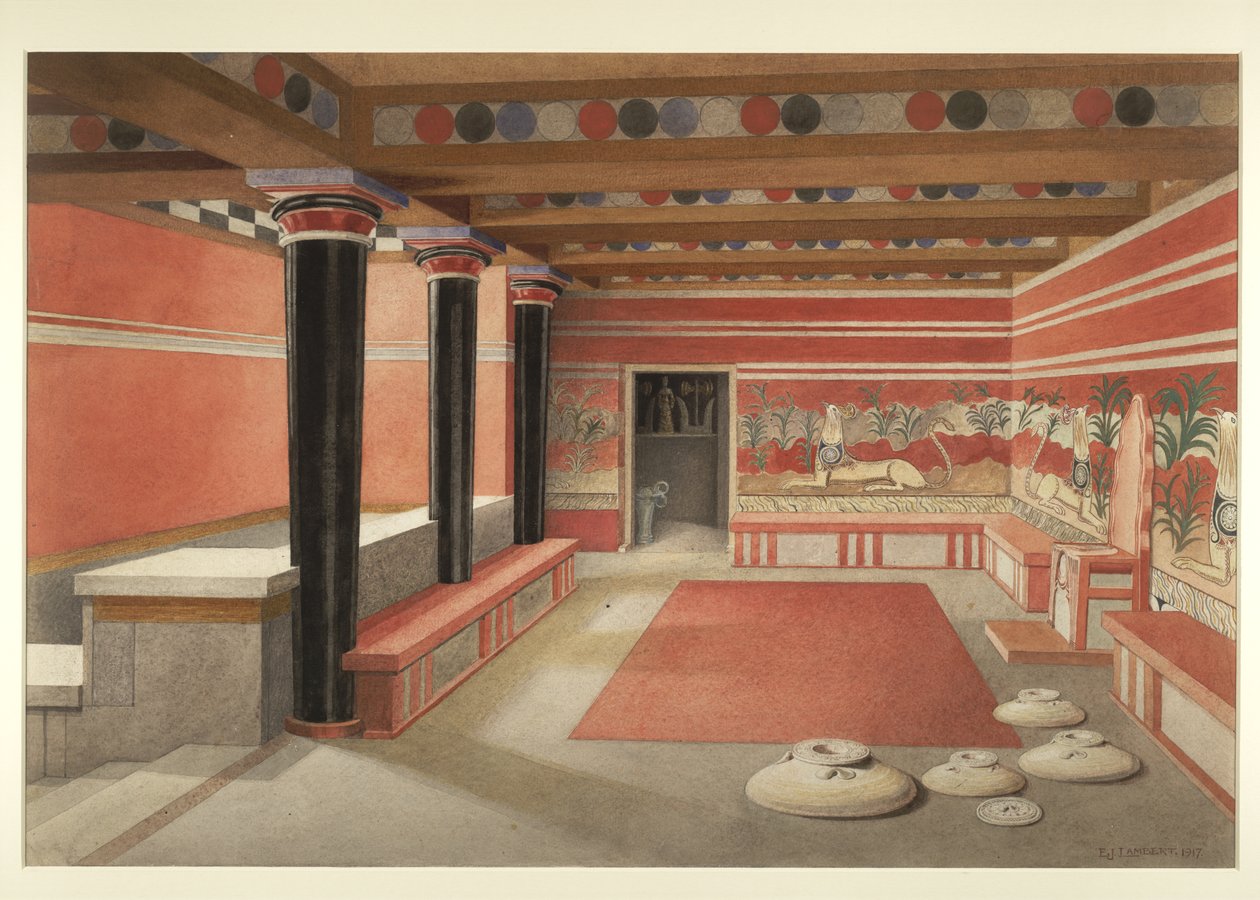 Målning av det omarbetade tronrummet i Minospalatset i Knossos av Edwin J. Lambert