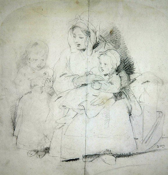 En mamma med två barn (penna på papper) av Edwin Landseer