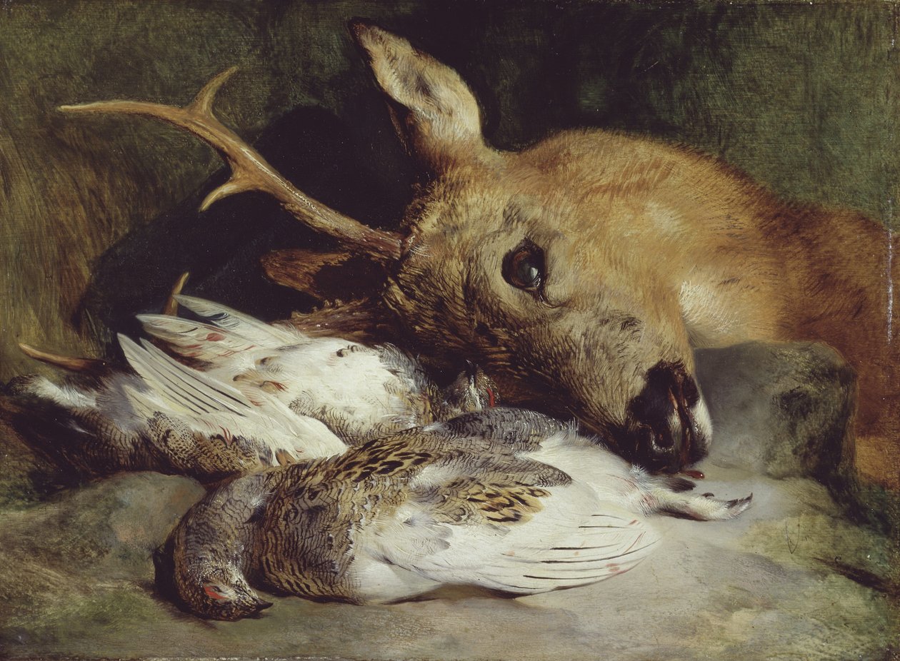 Huvud av en råbock och två fjällripor, ca 1830 (olja på pannå) av Edwin Landseer