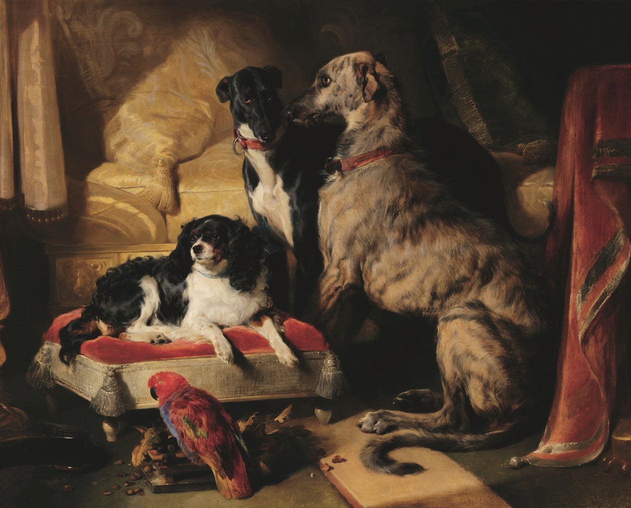 Hector, Nero och Dash med papegojan Lory av Edwin Landseer