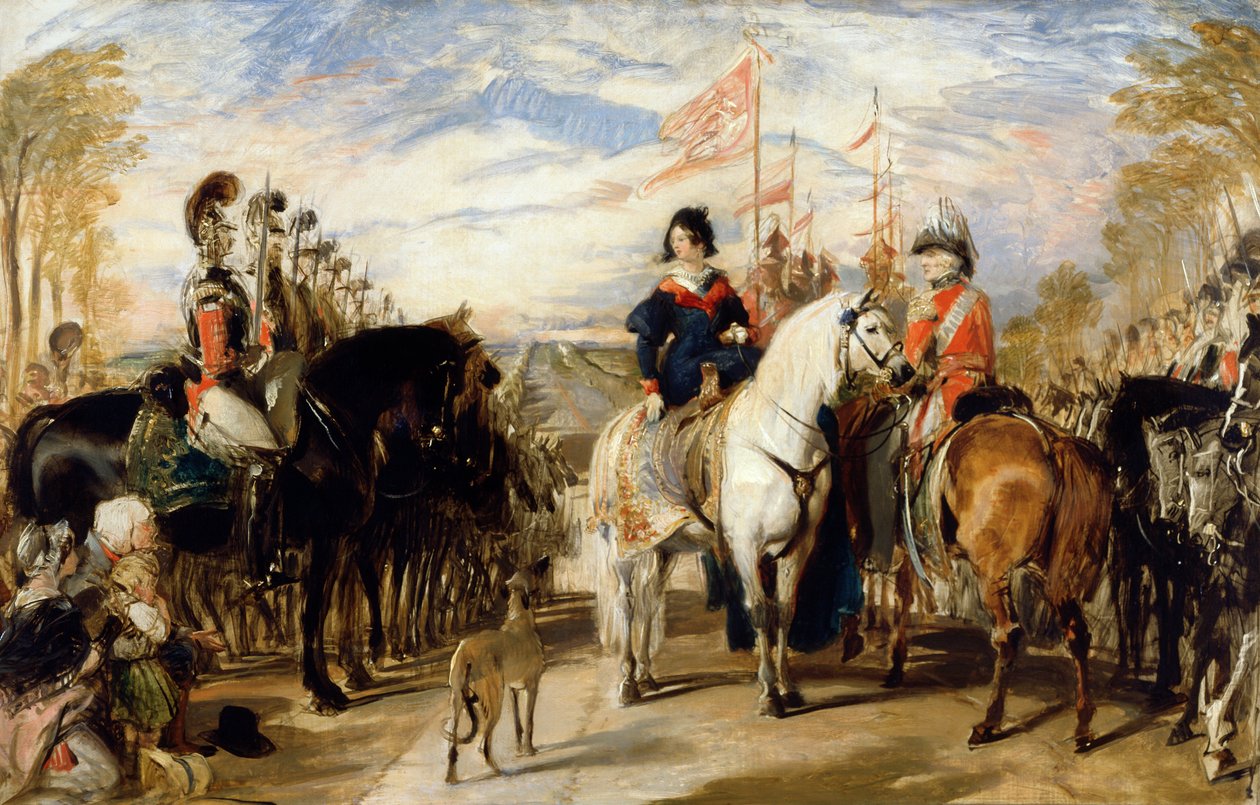 Drottning Victoria och hertigen av Wellington granskar livgardet, Windsor Great Park i fjärran av Edwin Landseer