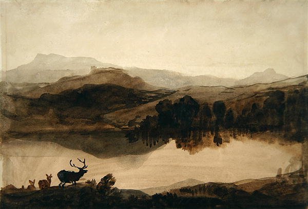 Skiss för "The Challenge" (tvätt på papper) av Edwin Landseer
