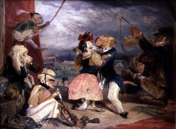 West End Fair: Monkeys and Dogs Performing on a Stage (olja på panel) av Edwin Landseer