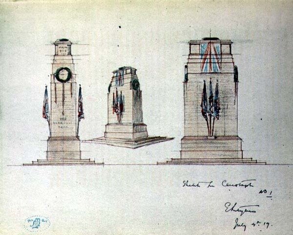 Skiss för Cenotaph No.1, illustration från puben "The Owl No.2". 1919 (penna och akvarell på papper) av Edwin Landseer Lutyens