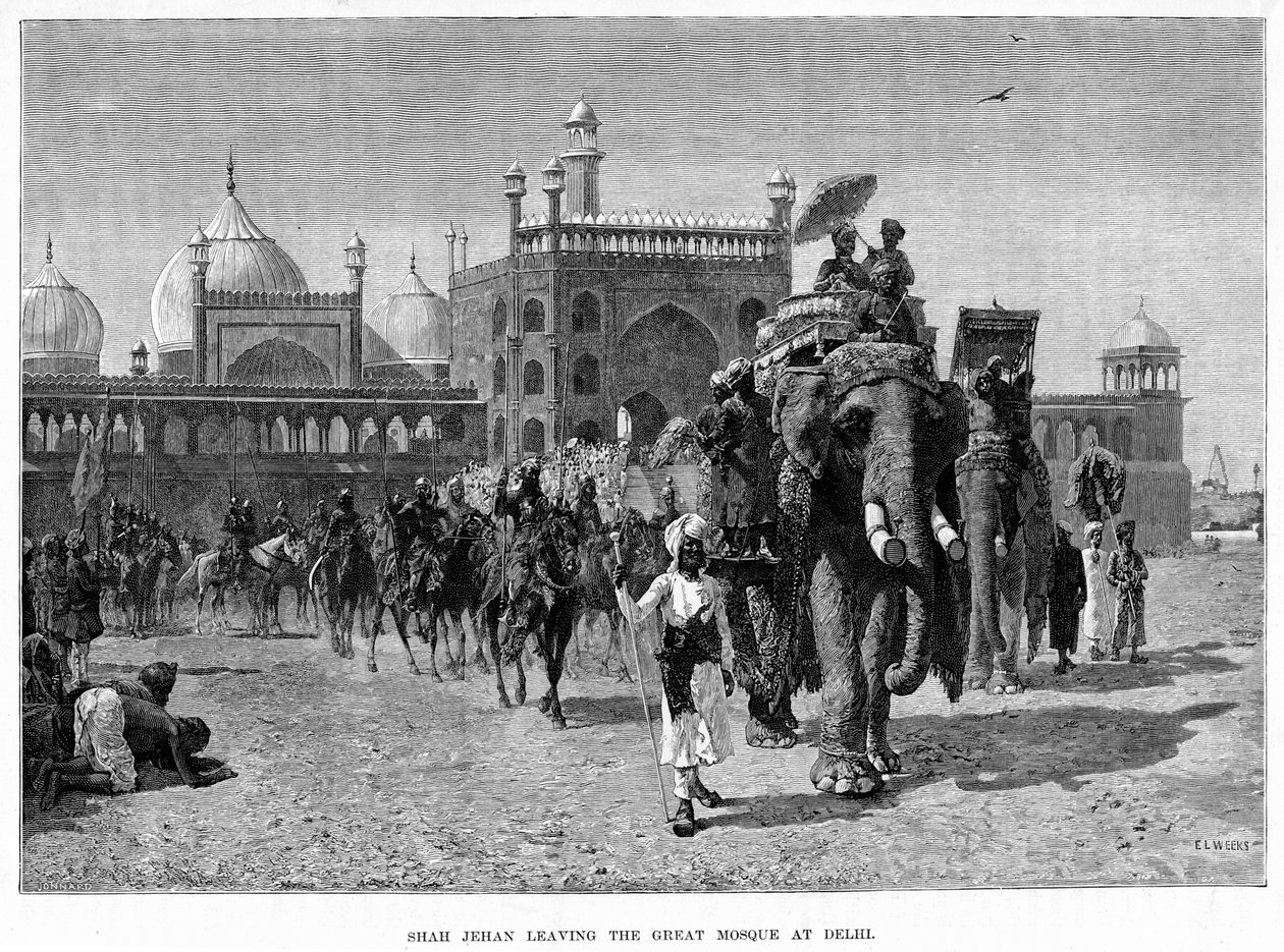 Shah Jehan lämnar den stora moskén i Delhi, c1800-talet. av Edwin Lord Weeks