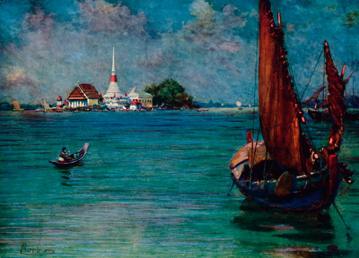 "A Fishing Boat Off the Island Pagoda of Paknam", 1913 av Edwin Norbury