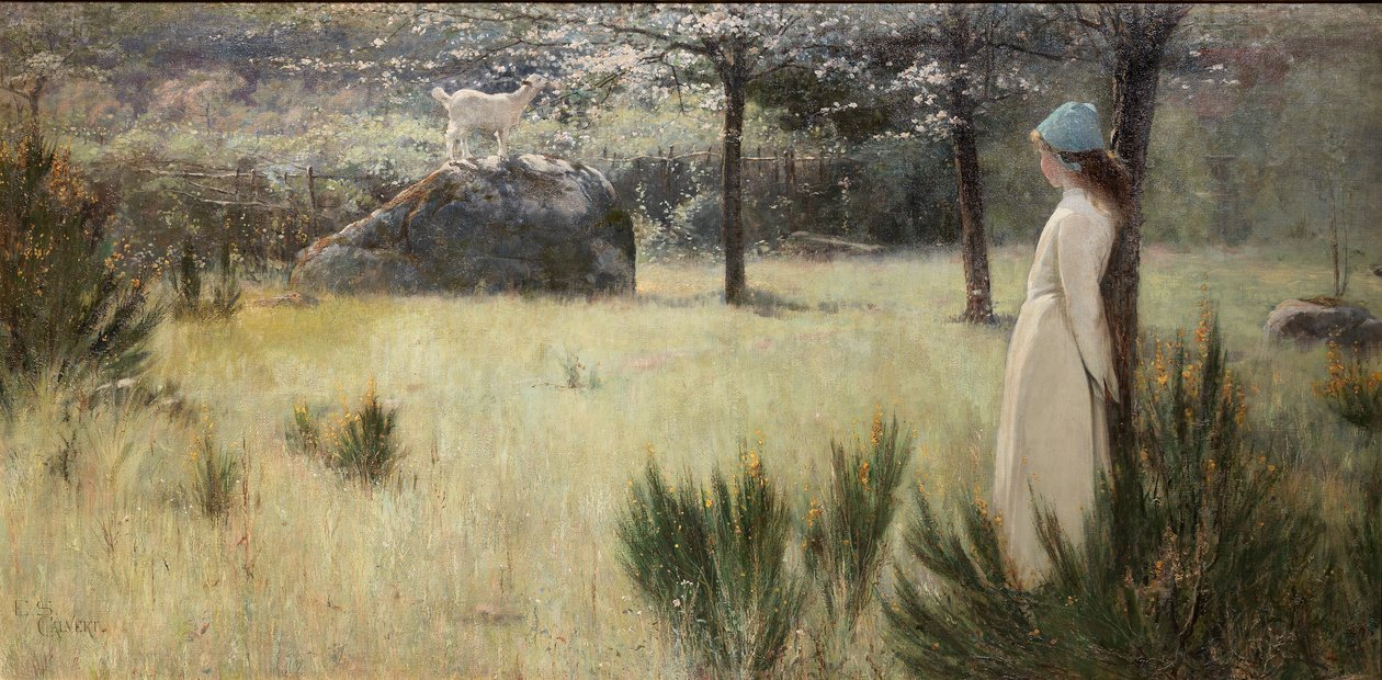 Den unga herdinnan och hennes get i en vårbete av Edwin Sherwood Calvert