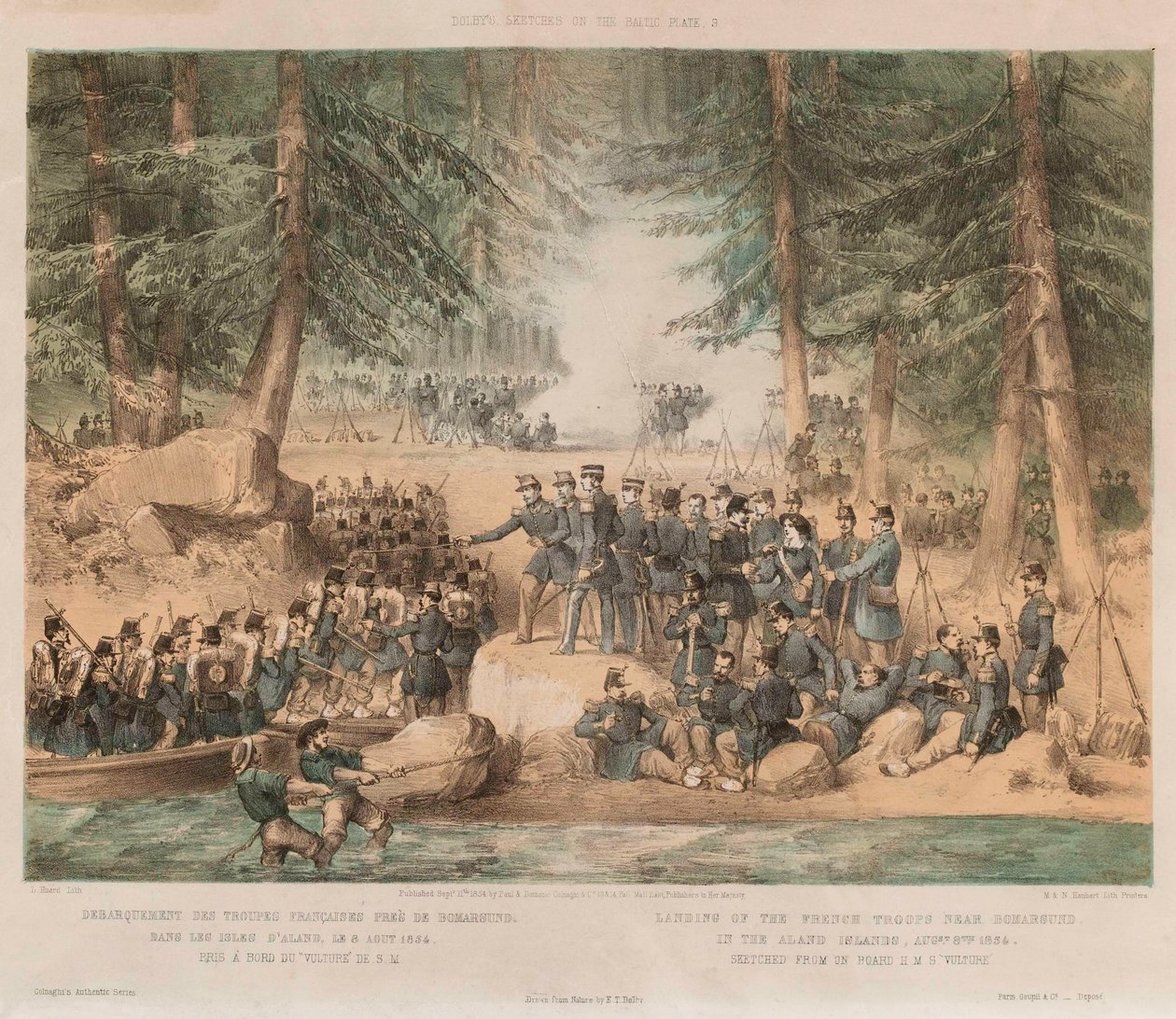 Landstigning av de franska trupperna nära Bomarsund på Åland, 8 augusti 1854 (litografi, tonad) av Edwin Thomas (after) Dolby