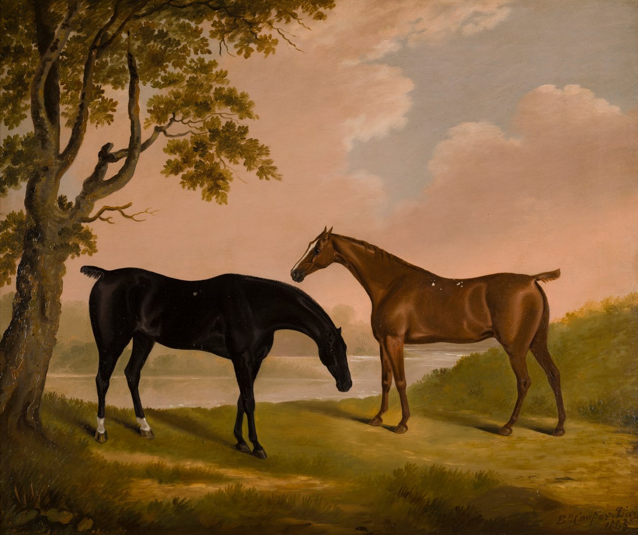 Två jägare i en trädbevuxen flod, ca 1805 (olja på duk) av Edwin W. Cooper