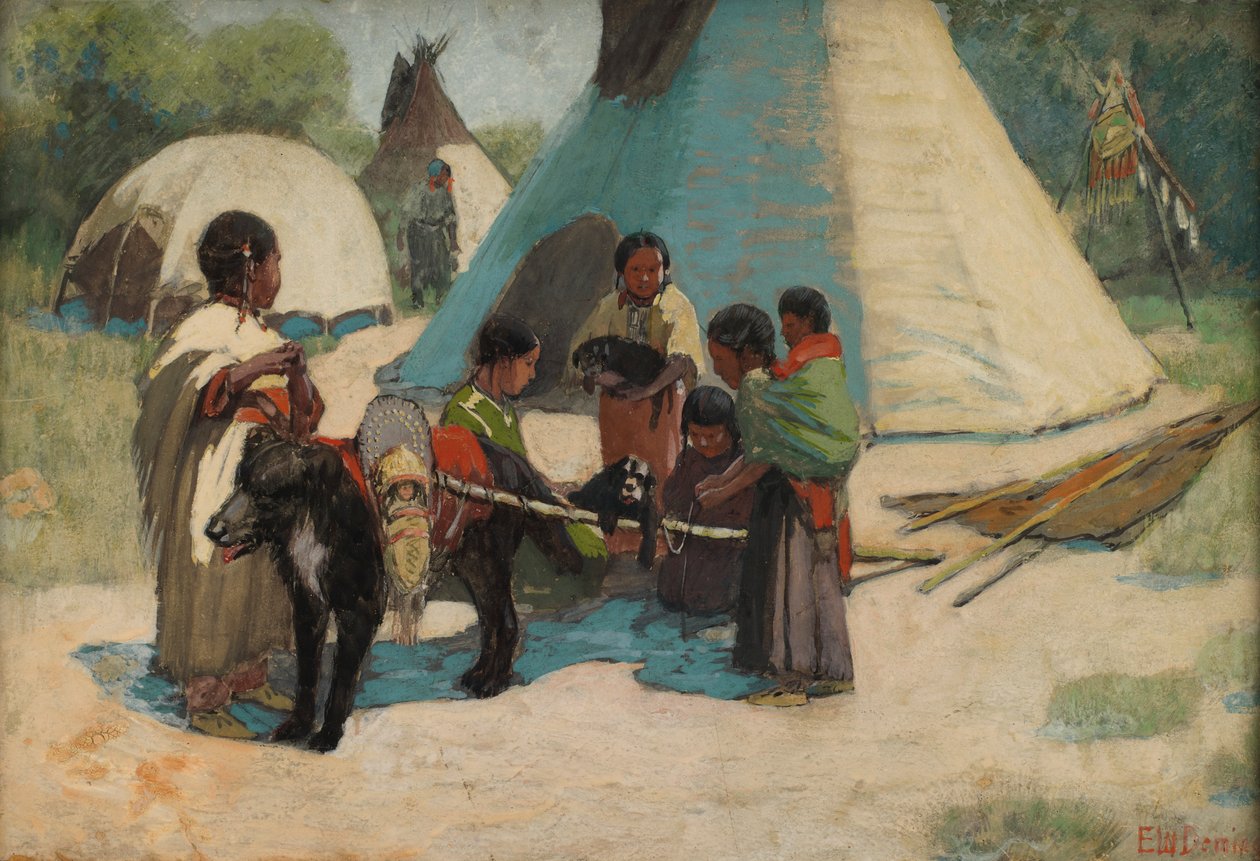 Dog Travois Blackfoot Camp, sent 1800-tidigt 1900-tal. av Edwin Willard Deming