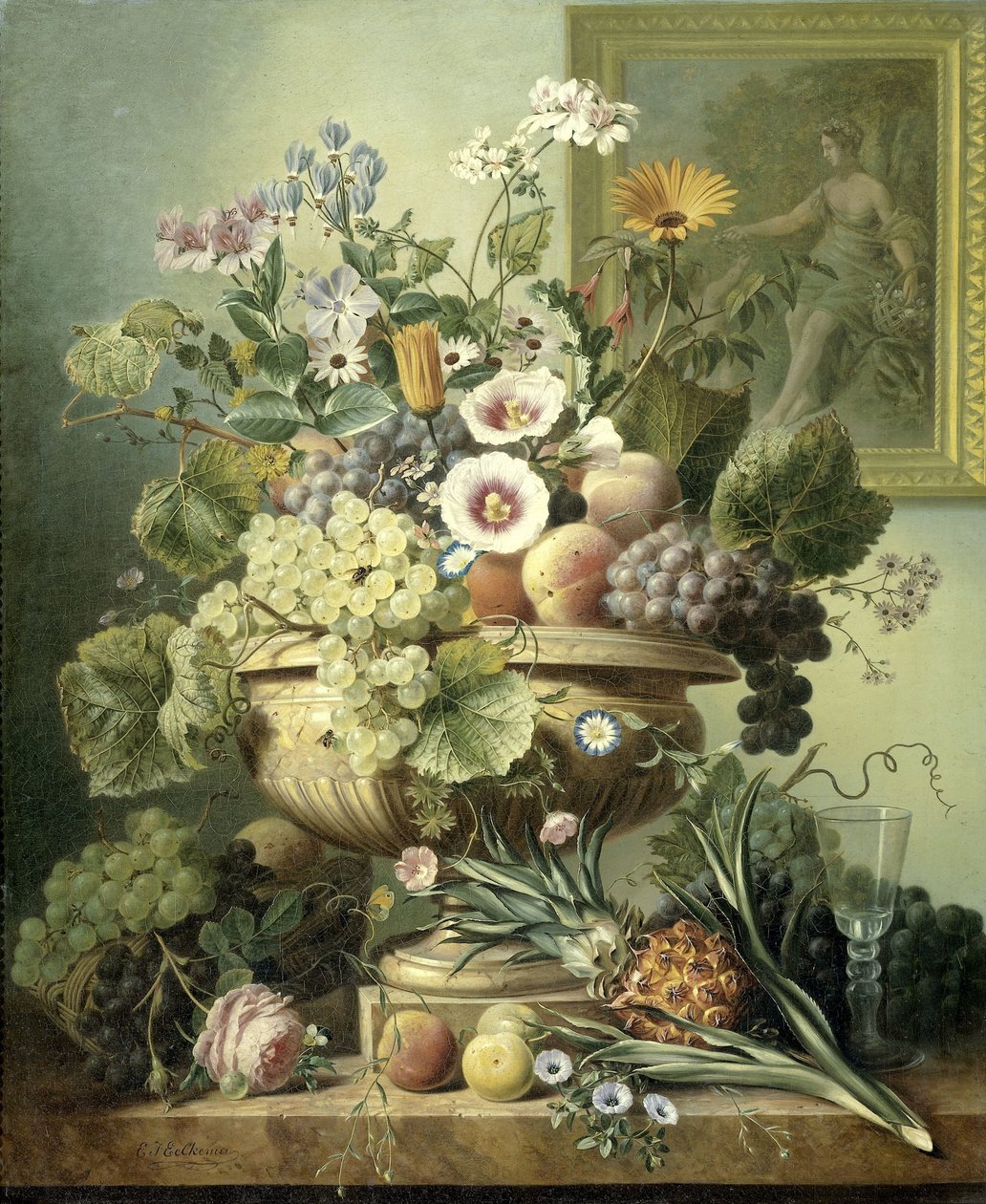 Stilleben med blommor och frukt av Eelke Jelles Eelkema