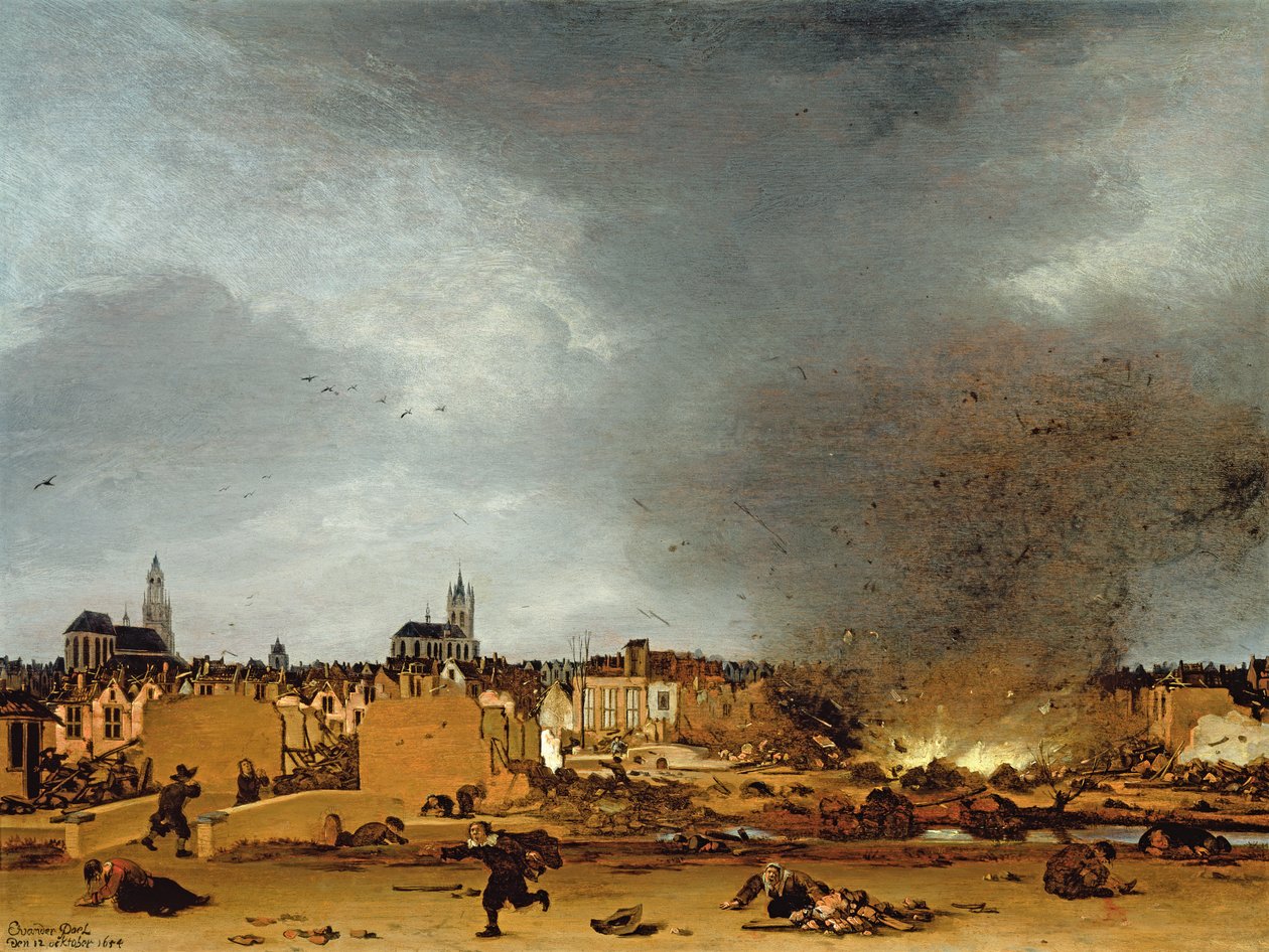 En vy över Delft med explosionen 1654, 1654 av Egbert van der Poel