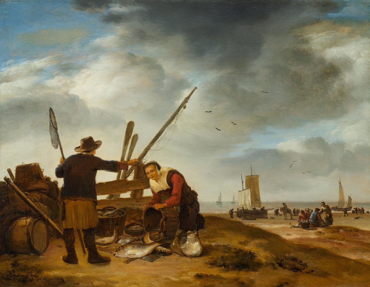 Fiskförsäljare på stranden i Scheveningen av Egbert van der Poel