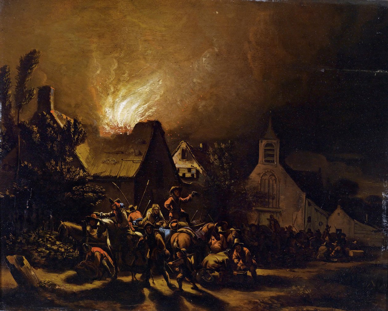 Marodeure vor einem brennenden Dorf av Egbert van der Poel