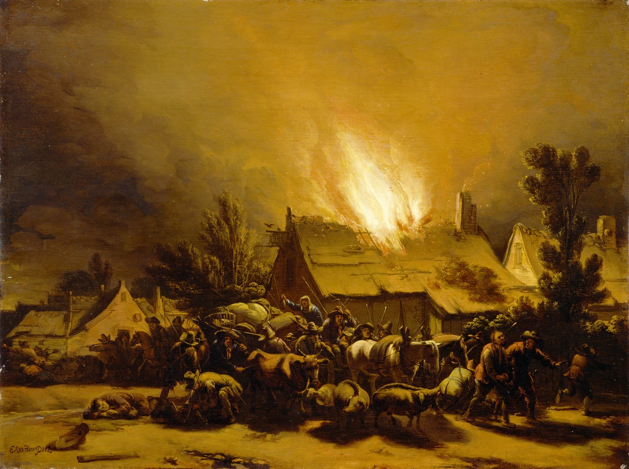 Bönder flyr från en brinnande lada, ca 1655 (olja på ekpanel) av Egbert van der Poel