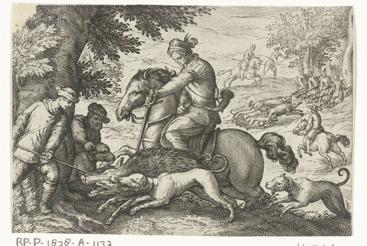 Kuperat landskap med vildsvinsjakt Jaktscener (serietitel) Ikoner Venantum Art Varias Representantes (serietitel) av Egbert Jansz.