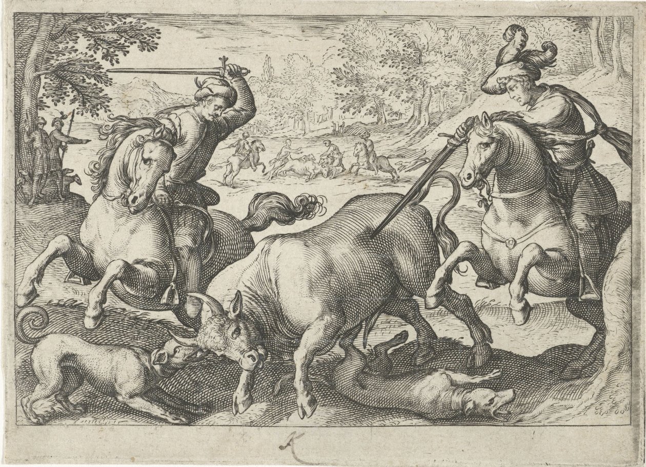 Landskap med tjurjakt Jaktscener (serietitel) Ikoner Venantum Art Varias Representantes (serietitel) av Egbert Jansz.