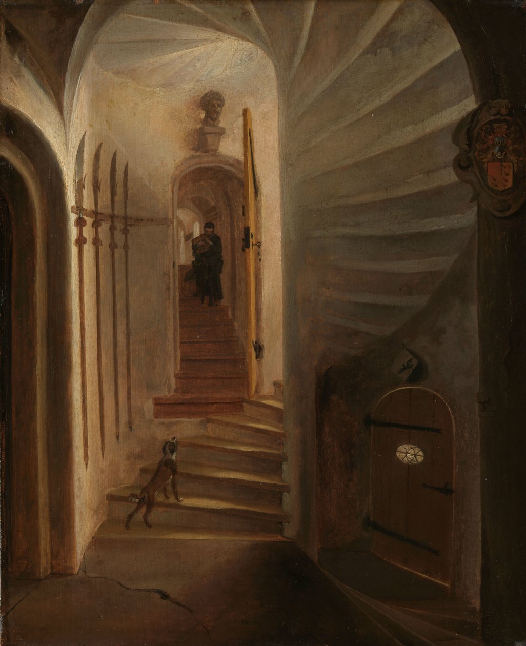Portal av ett trapptorn, med en man som går ner för trappan: förmodligen ögonblicket före mordet på Vilhelm den tyste i Prinsenhof, Delft av Egbert Lievensz. van der Poel (attributed to)