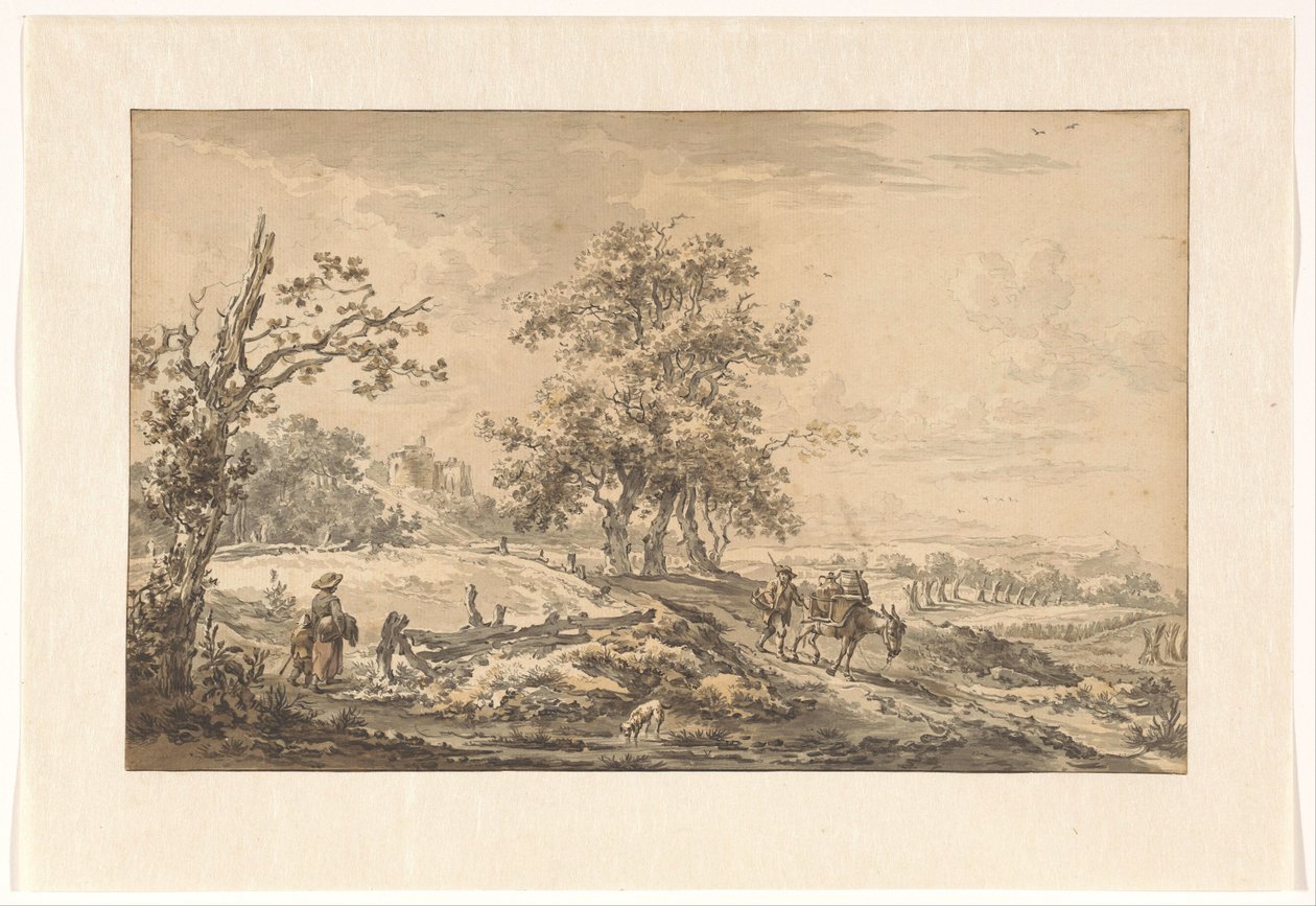 Kvinna med barn och man med åsna i landskap av Egbert van Drielst