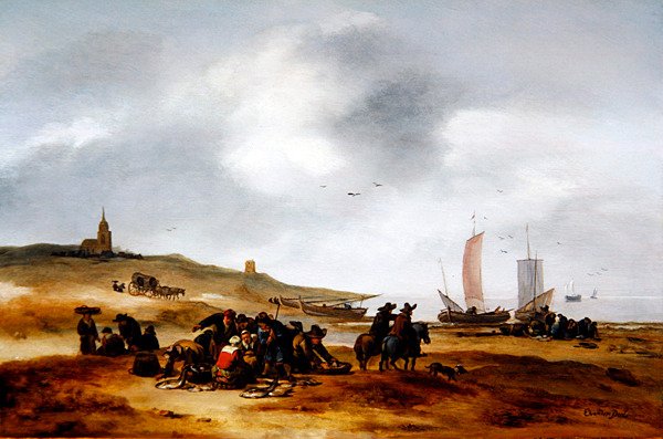 Fisk utställd till försäljning på stranden i Scheveningen (olja på panel) av Egbert van der Poel