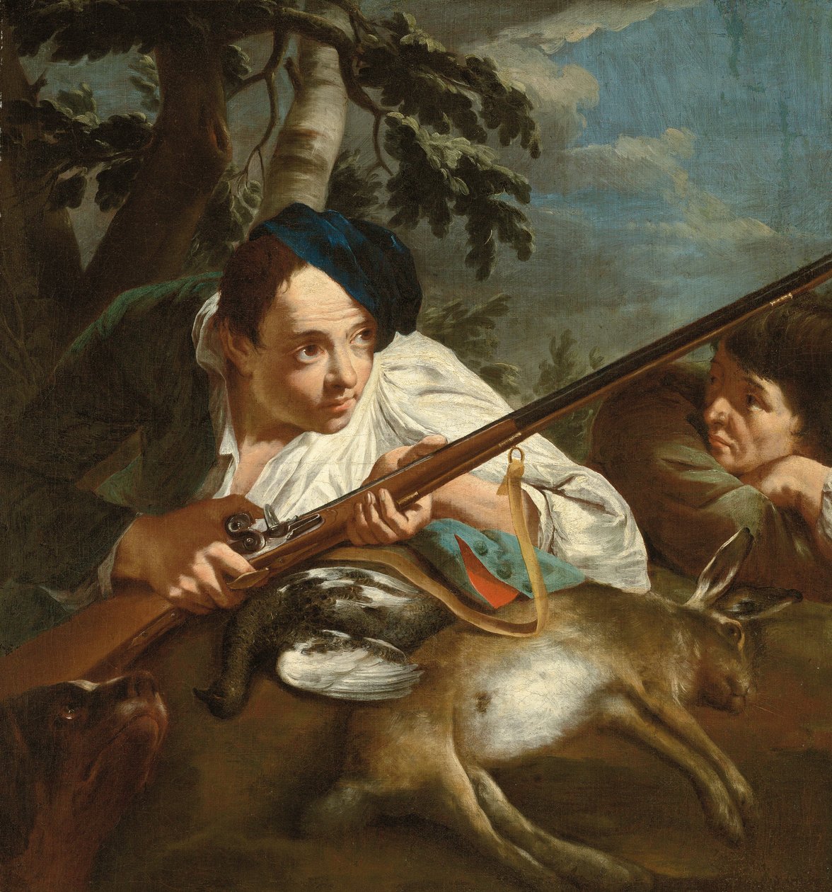 Jägare vilar med dött vilt i ett skogslandskap, ca 1705-84 (olja på duk) av Egidio (attr.to) Dall
