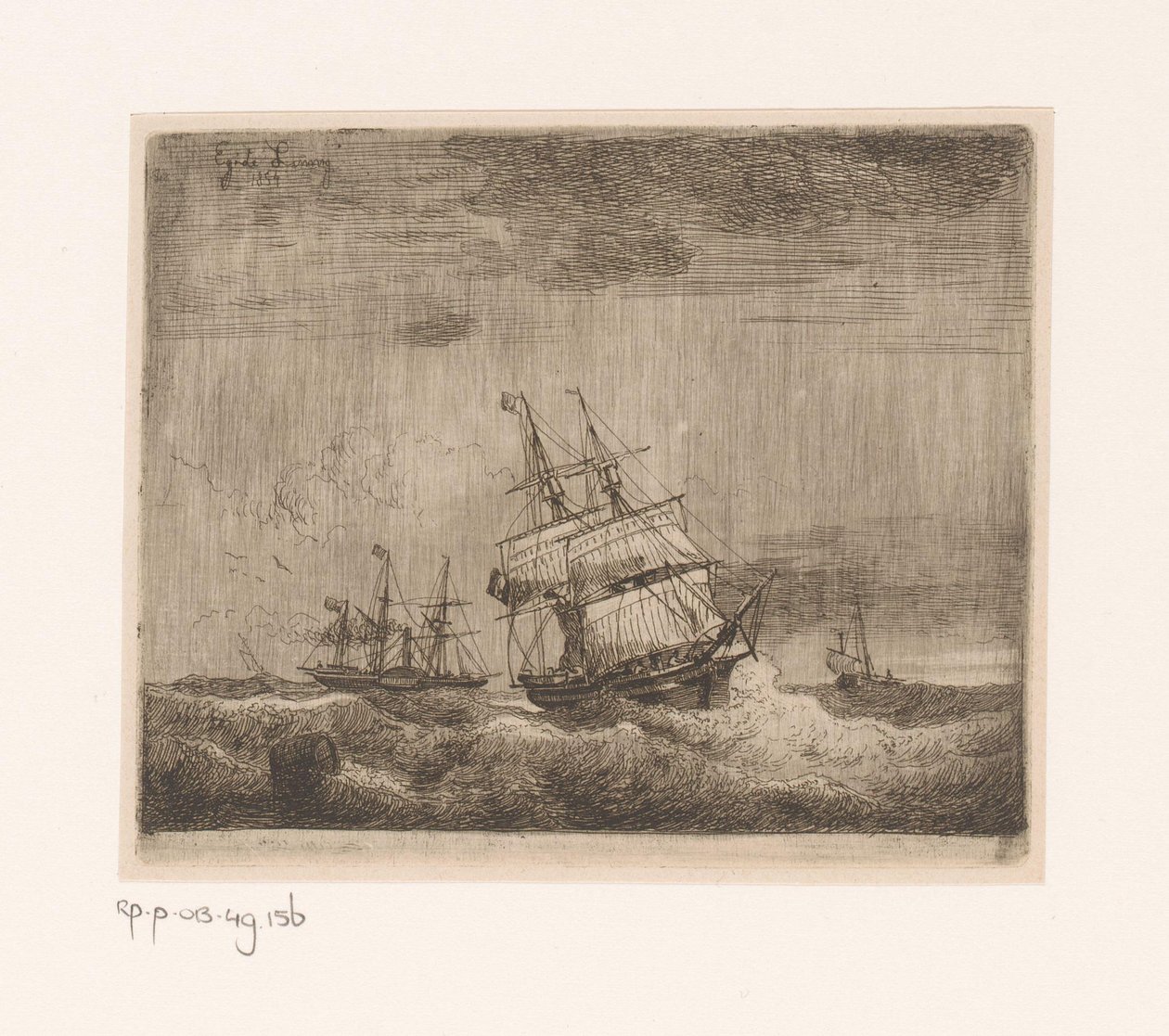 Segelfartyg och en hjulångare till havs av Egidius Linnig