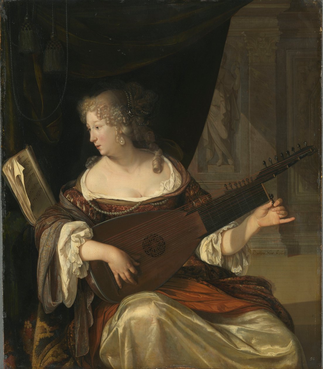 Femme accordant un théorbe av Eglon van der Neer