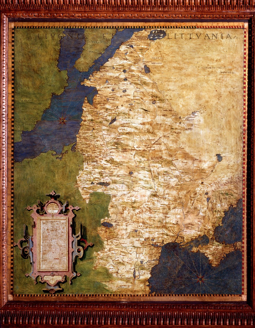Livland vid Östersjön, och Litauen Karta av Egnazio Danti (1536-1586) matematiker, kosmograf och italiensk arkitekt. Omkring 1567. Florens, Palazzo Vecchio, Sala del Mappamondo av Egnazio Danti