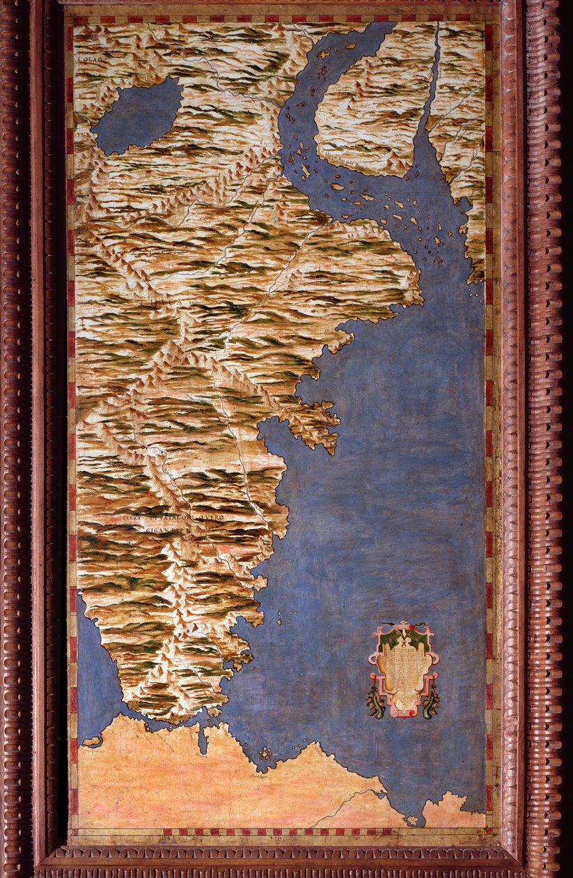 Magellans Detroit-kort lavet af Egnazio Danti (1536-1586) matematiker, kosmograf og italiensk arkitekt. Omkring 1567. Firenze, Palazzo Vecchio, Sala del Mappamondoswed av Egnazio Danti