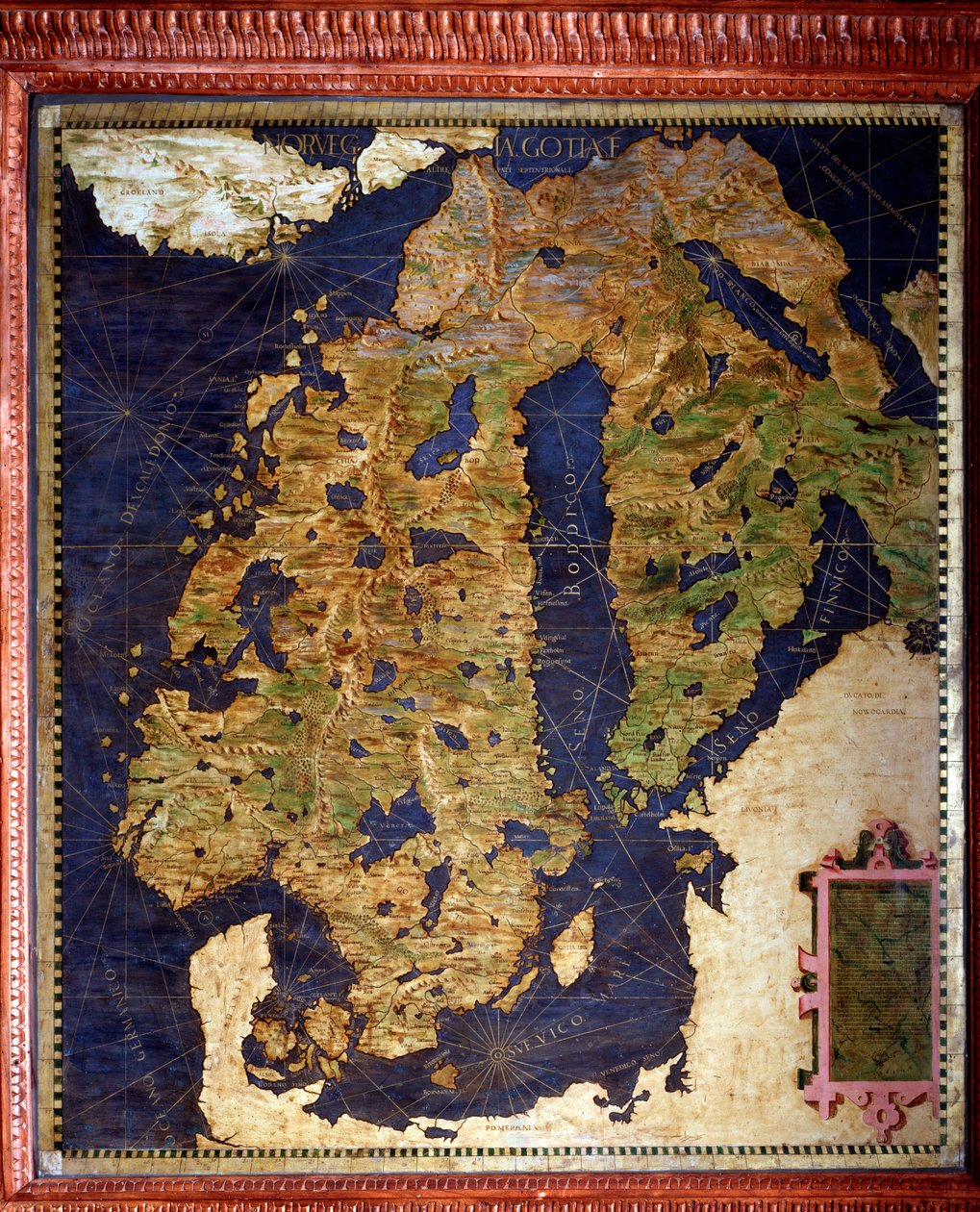 Skandinavien: Norge, Sverige, Finland. Karta gjord av Egnazio Danti (1536-1586) matematiker, kosmograf och italiensk arkitekt. Omkring 1567. Florens, Palazzo Vecchio, Sala del Mappamondo av Egnazio Danti