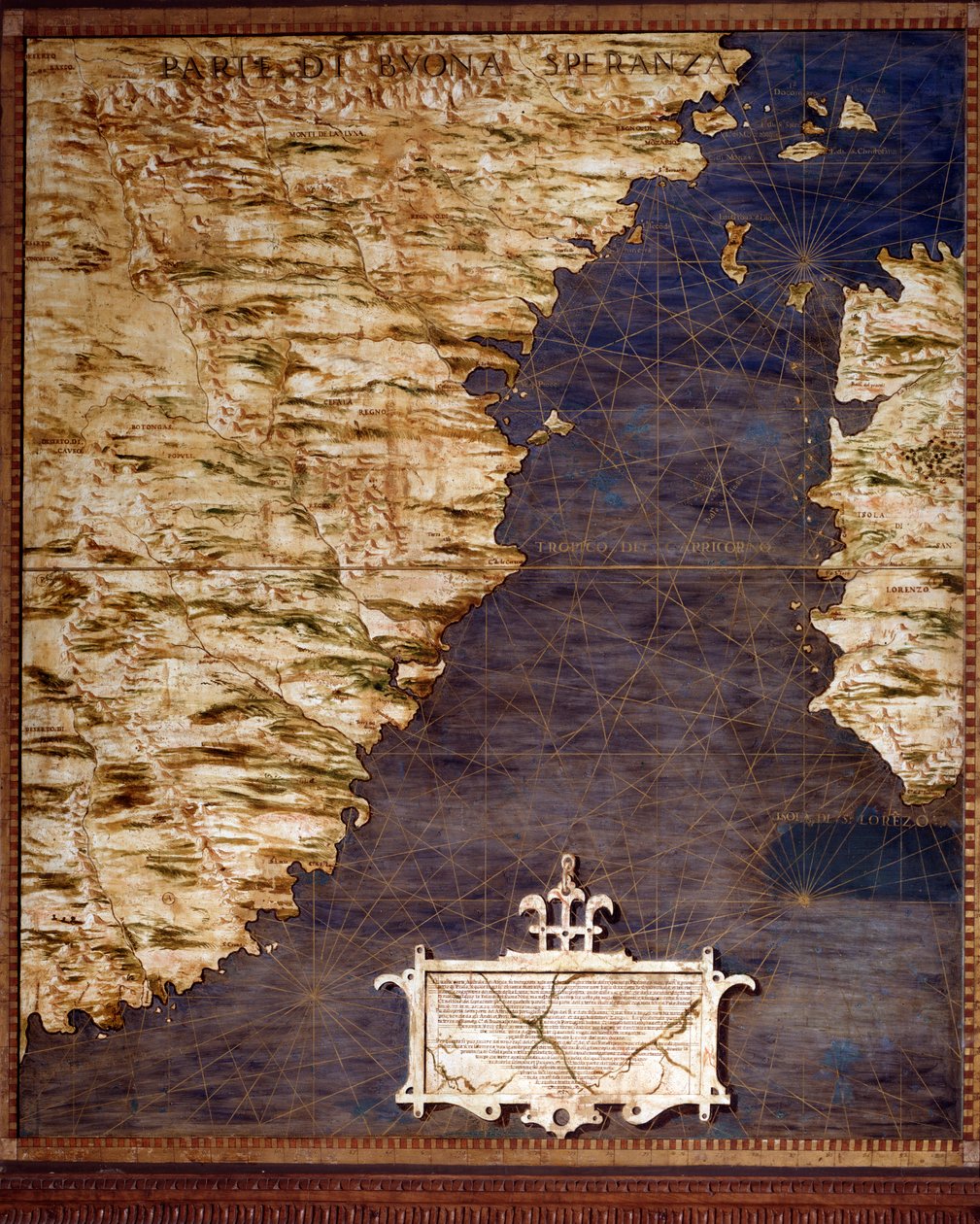 Karta över Sydafrika och Cape of Good Esperance gjord av Egnazio Danti (1536-1586) matematiker, kosmograf och italiensk arkitekt. Omkring 1567. Florens, Palazzo Vecchio, Sala del Mappamondo av Egnazio Danti