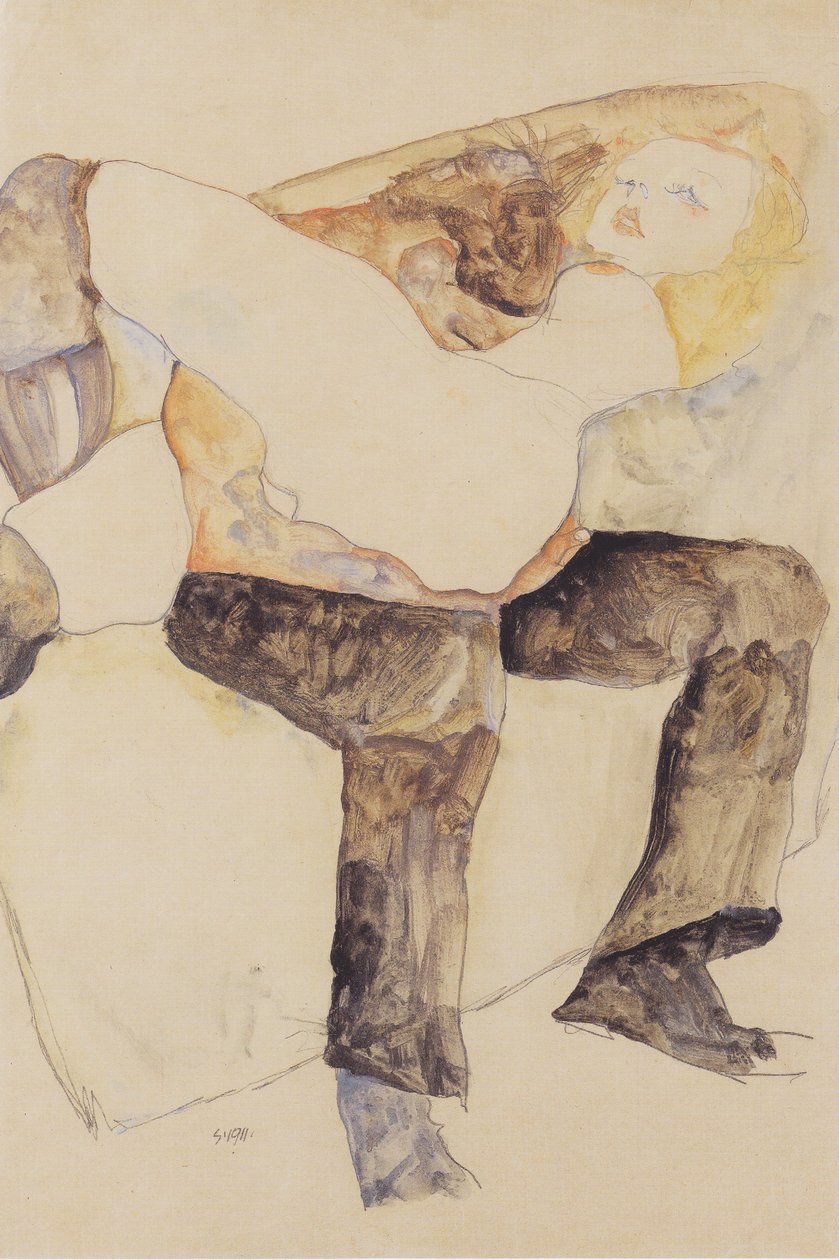  Mann, Frau auf den Knien haltendn av Egon Schiele