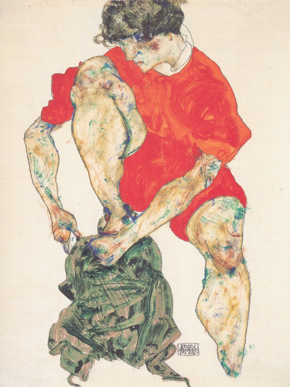  Weibliches Modell in rotem Gewandn av Egon Schiele