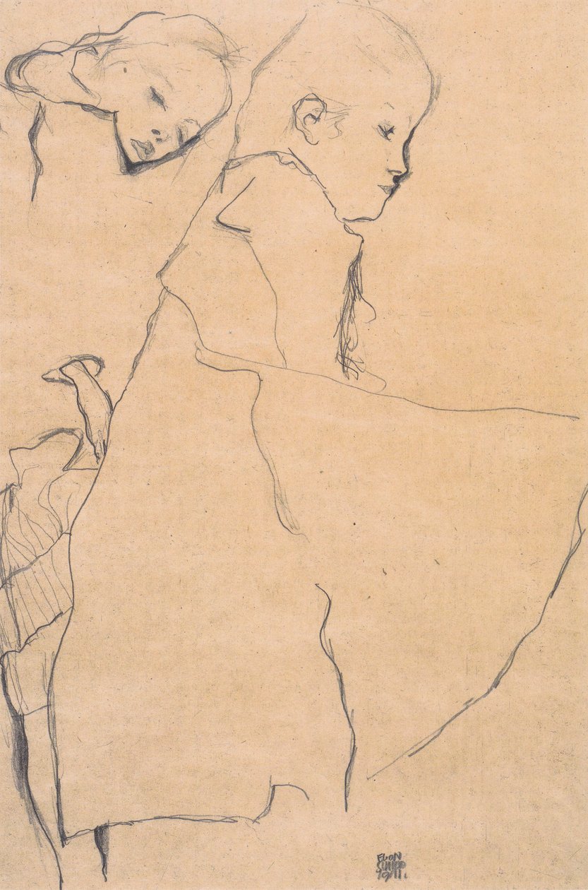  Zwei schlummernde Madchenn av Egon Schiele