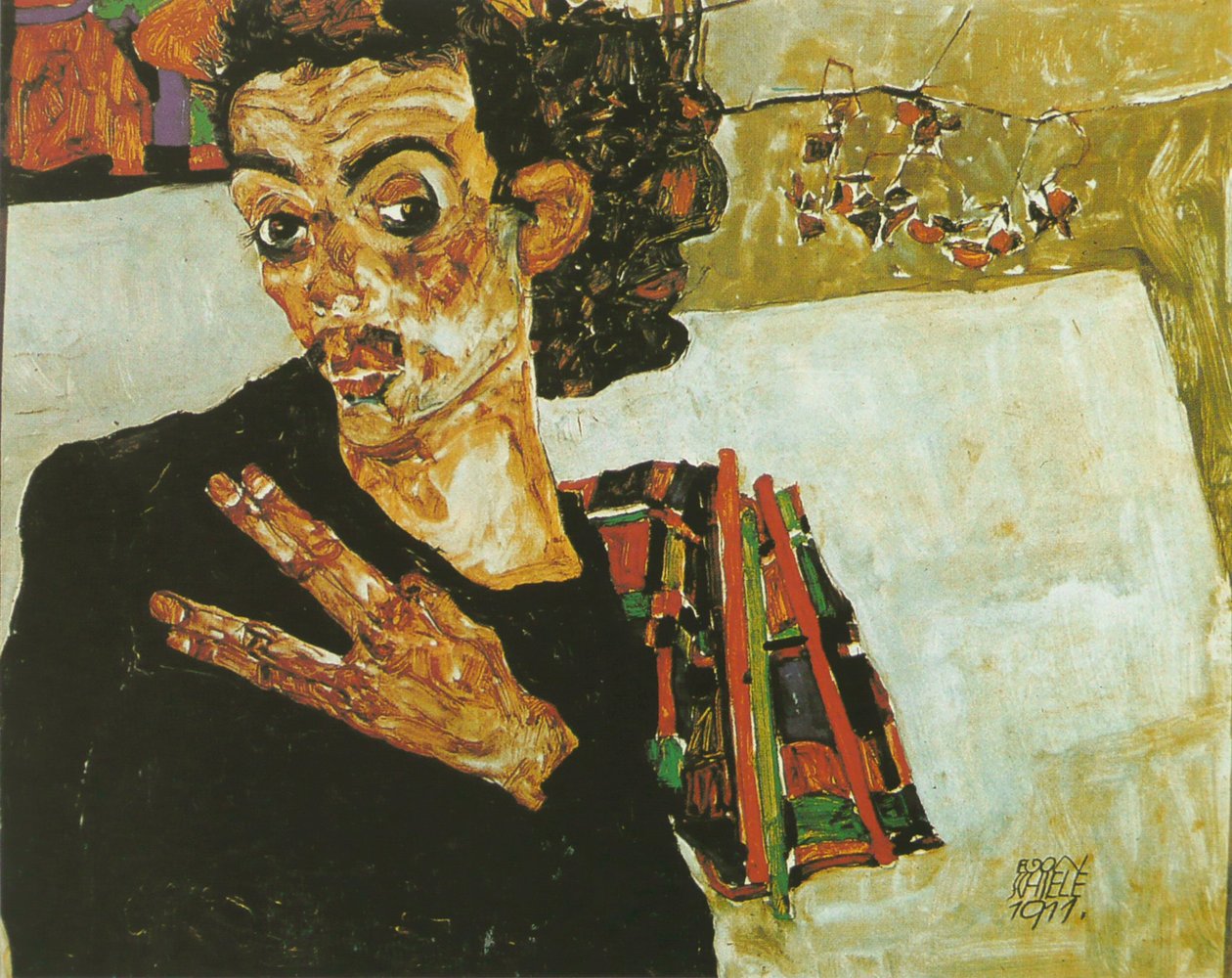 Autoportrait avec récipient noir av Egon Schiele