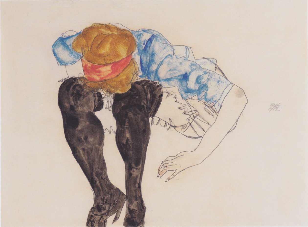 Blond, böjd med svarta strumpor av Egon Schiele