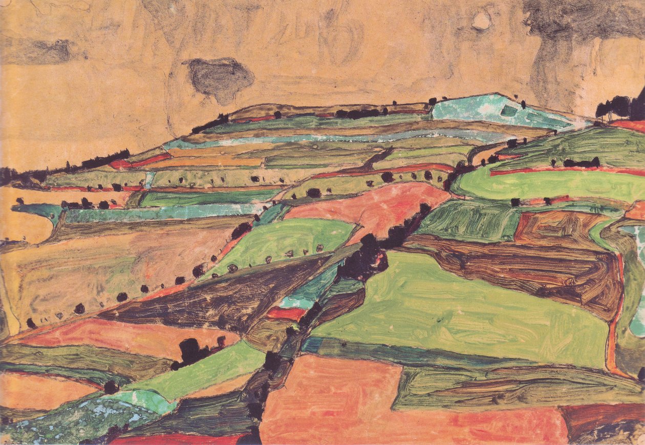 Fältlandskap (Kreuzberg nära Krumau) av Egon Schiele