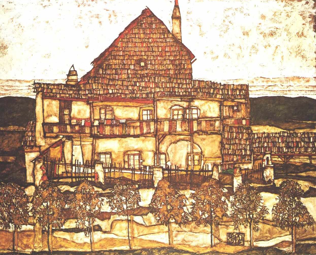 Haus mit Holzdach av Egon Schiele