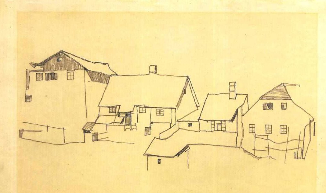 Häuserzeile in Krumau av Egon Schiele