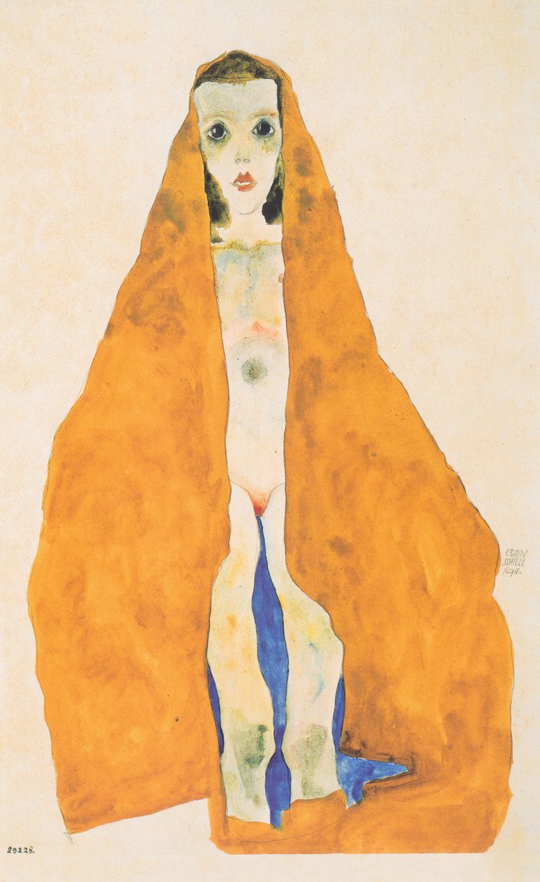 Ung naken tjej i en okerfärgad duk av Egon Schiele