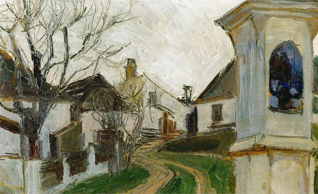 Kahle Bäume, Häuser und Bildstock av Egon Schiele