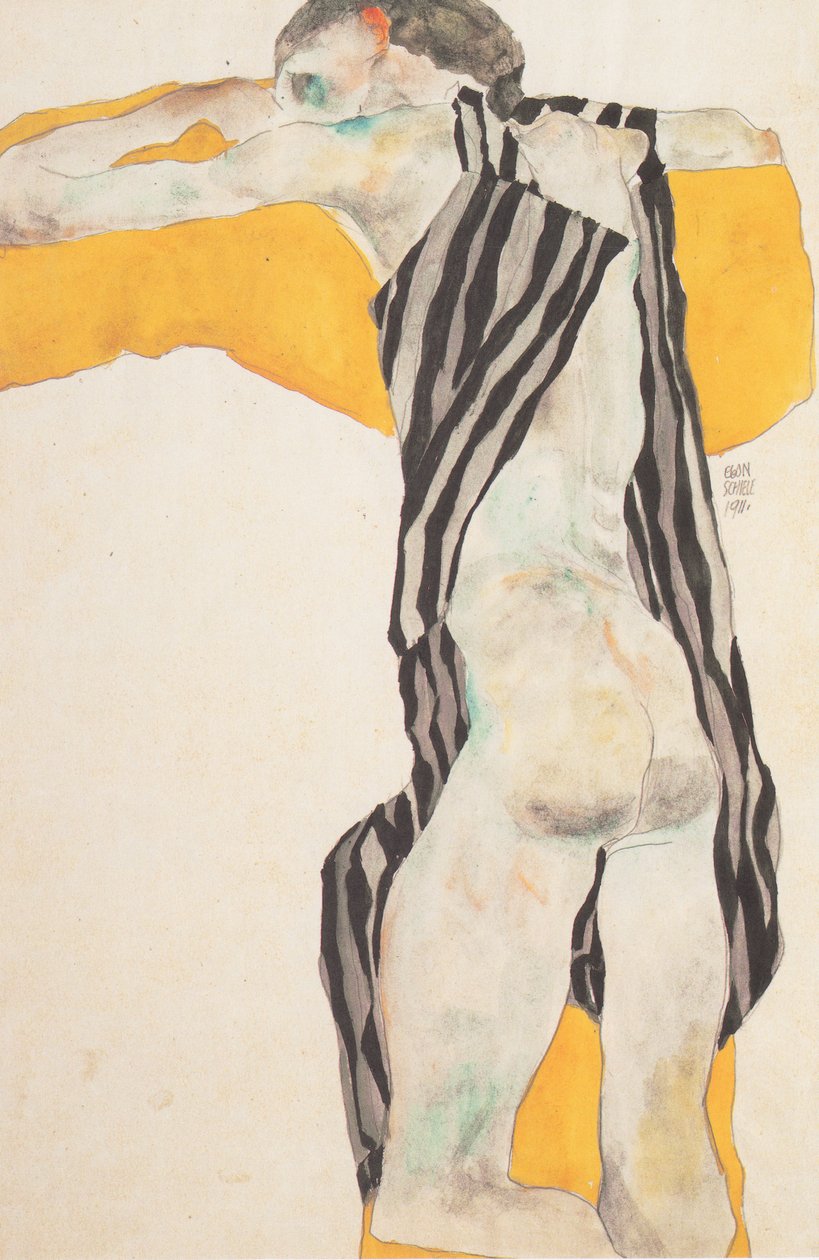 Liggande naken tjej i en randig smock av Egon Schiele
